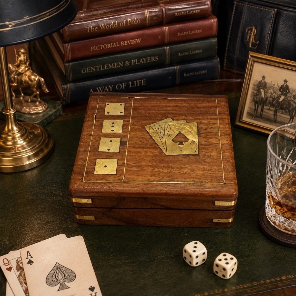 Vintage Mahogany Brass Inlay Playing Card & Dice Holder Elegant Game Box